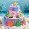 9 Peças de Enfeites para Decoração de Bolo com Tema Oceânico, Velas de Feliz Aniversário, Enfeites de Coral e Plantas Aquáticas, Conjunto de Bandeirinhas