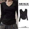 Camiseta de Algodão com Decote V Americano, Ombro Regular e Manga Longa para Mulheres, Novo Design para Primavera, Outono e Inverno, Blusa Básica Versátil de Corte Slim