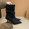 Botines de tacón alto de ante con punta para mujer, botines plisados, nuevo estilo 2025, con hebilla de cinturón, efecto adelgazante, botines cortos