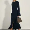 Vestido Francês Feminino Transfronteiriço Novo Gola Redonda Manga Sino Single-Breasted Estilo Commuter Elegante Preto Saia Longa
