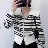 Chaqueta Cárdigan de Punto Azul Marino con Rayas de Contraste en el Cuello para Mujer Primavera Nuevo Diseño Nicho Camisa Base Top Corto