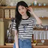 Camiseta de Manga Corta a Rayas de Bloques de Color de Gato de Dibujos Animados Dulce Estilo Coreano para Mujer Verano Nueva Holgada Adelgazante Hombro Normal Superior de Moda
