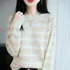 Camiseta básica de punto de seda de hielo a rayas retro clásica francesa con bloques de color de manga larga y cuello redondo para mujer, nueva para primavera/verano
