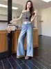 Foto Real de Jeans de Pierna Ancha de Nuevo Estilo de Primavera para Mujer, de Tiro Alto, Silueta A que Adelgaza, Pantalones Rectos Cropped Versátiles para Figuras Pequeñas