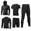Traje Deportivo de Cinco Piezas para Hombre con Forro Polar, Camiseta y Pantalones de Running de Secado Rápido, Ropa de Entrenamiento, Ropa Deportiva de Manga Larga para Fitness para Actividades al Aire Libre, Adecuado para Todas las Estaciones