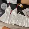 Pijama de Tirantes de Seda de Hielo para Mujer, Estilo Verano con Almohadillas Extraíbles, Ribete de Encaje, Sexy Estilo Puro Deseo Conjunto de Ropa para el Hogar