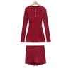 Camiseta ajustada de cadera cintura alta pantalones cortos básicos conjunto de dos piezas estilo americano vintage chica popular cuello redondo botón manga larga suéter