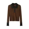 Polo de Manga Larga de Color Contrastante Ropa de Punto Casual para Mujer 2026 Nuevo Estilo de Principios de Primavera Ajuste Delgado y Versátil Top de Moda