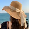 Sombrero de Paja con Lazo para Verano con Bordes Deshilachados, Protección Solar Casual, Sombrero de Sol Estilo Japonés para Mujer, Pequeño Sombrero de Sol de Moda para Exteriores que Muestra la Cara