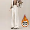 Calça pantalona feminina de lã sintética espessa, novo estilo outono e inverno 2026, forrada com fleece, calça casual quente de chenille reta que afina