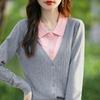 Nuevo cárdigan de punto con cuello polo de dos piezas de colores falsos para mujer, elegante, suelto, sencillo, con costuras para ir al trabajo.