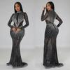 C6369 transfronterizo AliExpress Amazon moda europea y americana para mujer vestido de manga larga de malla con pedrería de color sólido