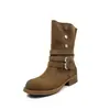 Fivela de cinto dobrável de uso duplo Botas Martin de couro 2026 inverno salto médio grosso bico redondo couro genuíno botão botas de cano médio para mulheres
