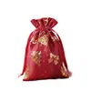 Bolsa de presente de Natal em tecido de bambu personalizada com estampagem em folha de ouro e serigrafia, bolsa com cordão para presentes de Natal e armazenamento