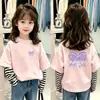 Camiseta de manga longa de algodão puro para meninas, adequada para primavera e outono, estilo coreano, top básico versátil com gola redonda e design listrado