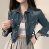 En stock Chaqueta corta de mezclilla chic coreana de un solo botón y manga larga para mujer, otoño vintage ajustada adelgazante camisa ins
