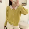 Cárdigan de punto con cuello polo de encaje y manga larga para mujer, primavera y otoño, corte holgado, adelgazante, elegante y de alta gama