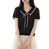 2025 Moderna Dulce Puro Deseo Color Contrastante Cuello en V Con Cordones Hombro Derecho Manga Corta Camiseta Verano Sexy Aspecto Adelgazante Top