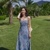 Vestido largo sin espalda estilo étnico de Yunnan para vacaciones, vestido playero elegante azul con tirantes y estilo súper hada.