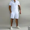 Traje Deportivo y de Ocio de Verano para Hombre Transfronterizo Solapa Color Sólido Nuevo Solapa Cremallera Delgado Manga Corta Conjunto de Dos Piezas