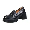 Mocasines Retro de Punta Redonda con Suela Gruesa y Tacón Grueso para Mujer, Novedad Otoño 2026 Zapatos Negros Elegantes de Piel con Tacón Medio