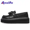 Mocasines de suela gruesa con borlas para mujer, Piel genuina, Caña baja, Cuero de plena flor con patrón de lichi, Zapatos Martin para mujer, Ligeros, Zapatos de plataforma versátiles para estudiantes