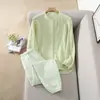 3 ColoresPijamas de Algodón Burbuja para Mujer, Cárdigan Holgado Casual de Primavera y Otoño, Conjunto de Manga Larga y Pantalón Largo