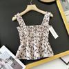 Estilo Japonês 23 Nova Camisa de Verão Feminina Slim Fit de Cintura Alta com Estampa, Alças, Plissada e Sem Mangas 458683/456164