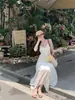 Vestido Largo Sexy Estilo Puro Deseo Espalda Descubierta Tirante Halter Sin Mangas Verano Playa Chic Color Sólido Falda Larga Mujer ins