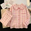 Pijama Rayado Estilo Coreano para Niñas Cuello de Muñeca Manga Larga Conjunto Suave Transpirable Casual para el Hogar Conjunto de Dos Piezas