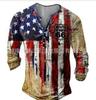 Camiseta Masculina Outono Vintage Europeia e Americana Transfronteiriça 2023 Estação Independente Amazon Nova Camiseta de Manga Longa Estampada Desgastada 66