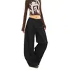 Diseñados con una Silueta Elegante, Jeans Scimitar Negros de Tiro Bajo para Mujer, Pantalones Casuales Versátiles de Pierna Ancha Sueltos Estilo Retro Americano