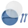 Prato de silicone infantil com compartimentos, tampa contra poeira com ventosa, conjunto garfo e colher, grau alimentício, utensílios para suplementos alimentares, transfronteiriço em estoque