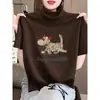Camiseta feminina de algodão puro, manga curta, gola alta meia, escovada e espessa, branca, estilosa e versátil, top base para moda outonal