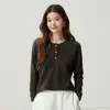 Suéter feminino de cashmere puro, gola Henley, meio abotoado, camada interna quente, corte solto, emagrecimento, elegante, base de malha