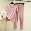 Conjunto de calça e blusa de modal com decote em V e manga curta de cintura alta, novo modelo de verão, estilo coreano, conjunto solto simples para ficar em casa, duas peças