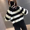 Estación Europea Otoño e Invierno Nuevo Jersey de Punto a Rayas de Color Contrastante de Cuello Redondo de Manga Larga de Estilo Perezoso Combinable para Mujer