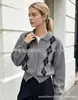 Nuevo Cárdigan de Punto para Mujer Otoño Estilo Retro Francés con Patrón de Diamantes y Cuello Solapa, Abrigo Suéter de Cachemira Holgado con Jacquard de Color Contrastante