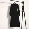 Roupas Femininas Plus Size 2026 Inverno Novo Vestido de Tricô com Manga Lanterna Emagrecedor Retrô Comprimento Midi Saia Plissada