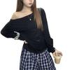 Camiseta Única de Manga Larga Off-Shoulder con Cuello Barco para Mujer, Talla Grande de Otoño, Top Básico Perezoso y Relajado
