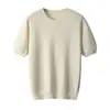 Nova coleção outono e inverno: Suéter 100% lã, camiseta masculina de manga curta com gola redonda, blusa de tricô pulôver, cashmere liso de manga curta