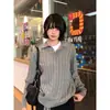 Suéter de tricô com gola polo e trança estilo retrô americano para mulheres, conjunto outono e inverno estilo old money, tricô cleanfit com gola henley