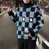 Suéter de Gola Alta Outono e Inverno Masculino Xadrez Ins Marca Tendência Estilo Japonês Solto e Versátil Bonito Estilo de Hong Kong Retrô Casual Malha