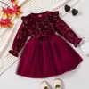 Vestido de Outono Inverno para Meninas Céu Estrelado Estampado a Quente Laço Manga Longa Malha Saia Bufante Vestido de Festa Infantil Vestido de Princesa