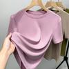 Camiseta de Manga Corta de Modal para Mujer Verano 2023 Nuevo Estilo Camiseta Básica de Color Puro de Manga Larga con Cuello Redondo y Cintura Elástica