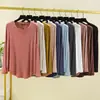 Camiseta de Manga Larga de Modal para Mujer Talla Grande Holgada de Primavera y Otoño, Delgada, Adelgazante, Cuello Redondo, Camisa Base de Color Sólido
