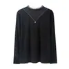 [Feito sob medida] Blusa de manga longa de tricô feminina com gola alta e franzido, em malha, com listras verticais e aplicações de strass