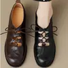 Zapatos Bajos de Cordones Calados Hechos a Mano para Mujer en Cuero Suave, Estilo Británico, Tacón Bajo, Mary Jane, Punta Redonda, Planos