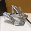 Sandalias Transparentes de Tacón Alto Tacón de Cristal Tacón Medio Tacón Grueso Pantuflas 2025 Verano Nuevo Talla Pequeña 35 Sandalias de Mujer Color Albaricoque