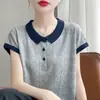 Top de punto de manga corta con cuello polo bicolor para mujer, nueva moda 2026, elegante, versátil, adelgazante A13993